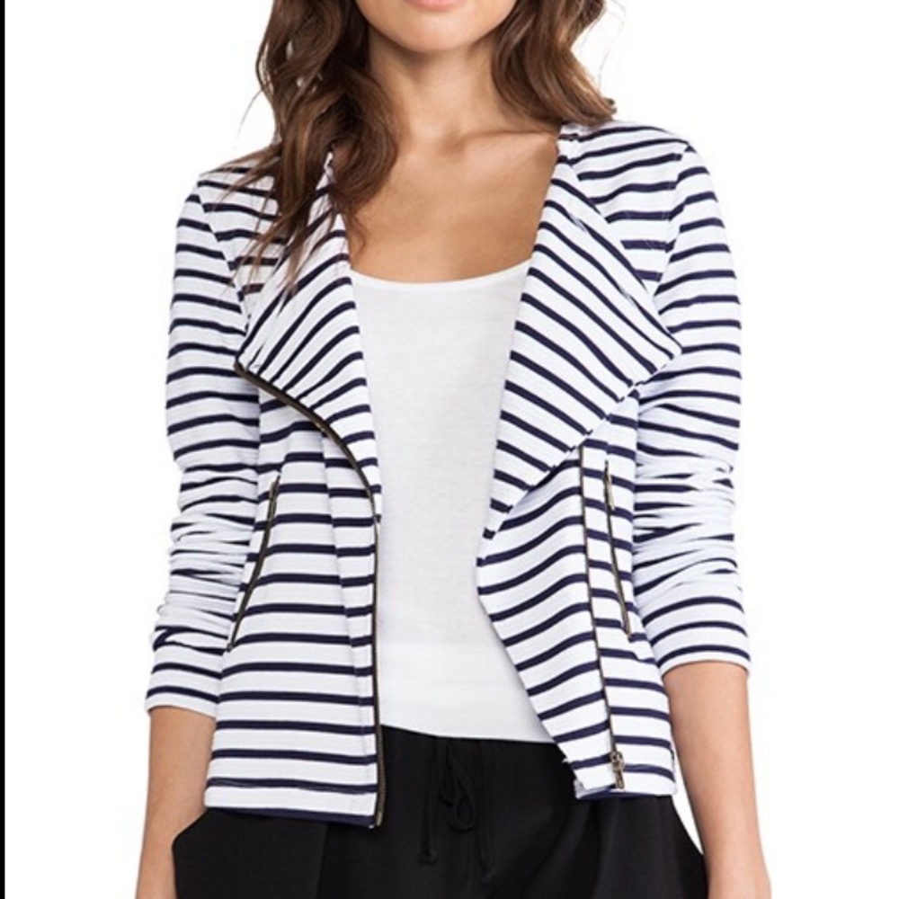 SANCTUARY Prep Moto Jacket in Navy Stripe with Front Zip and Pockets